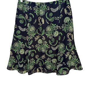 Black Green Vintage Y2K Floral Swirl Print Womens Back Zip Flare Hem Lined Skirt
